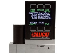 Digital gasflödesmätare från alicat scientific visar inställningar för en anpassad gasblandning, inklusive metan, kväve och koldioxid.