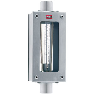 Väggmonterad industritermometer i metallhölje med vertikal temperaturskala.