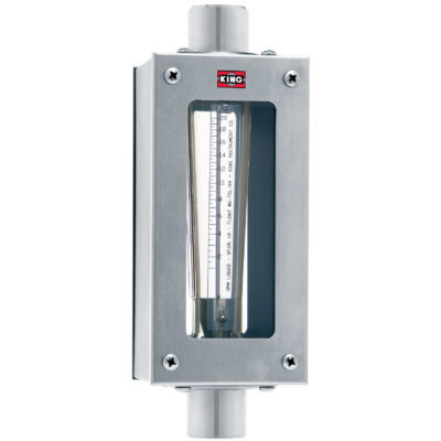 Väggmonterad industritermometer i metallhölje med vertikal temperaturskala.