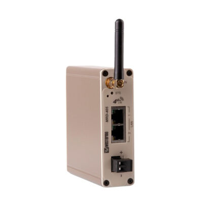 Beige MRD-405 med antenn, med seriella, Ethernet-portar och statuslampor på en isolerad vit bakgrund.