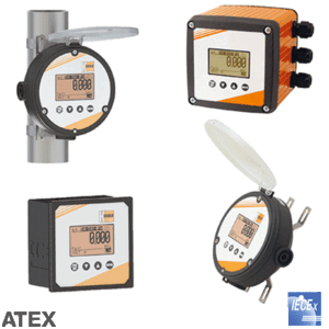 Collage av fyra industrimätare med digitala displayer, certifierade av atex och iecex, med olika monteringsstilar.