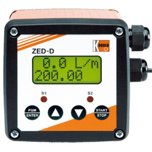 Digital flödesmätare med en lcd-display som visar mätningar, märkt 'zed-d', med knappar och vred för manövrering.