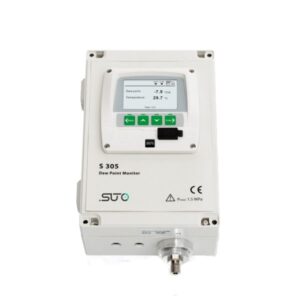 Daggpunktsmonitor märkt "SUTO S305" med en digital display som visar temperatur- och luftfuktighetsnivåer, inkapslad i en vit industrilåda med kontrollknappar.