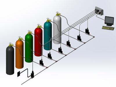 3D-illustration av ett gascylindergrenrörssystem med sex färgade cylindrar anslutna med rörledningar till övervakningsutrustning.