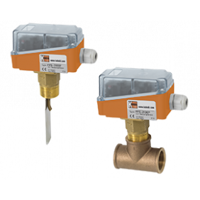 Två Kobold FPS-magnetventiler med orange ställdon och transparenta topplock, fästa på monteringsplattor.