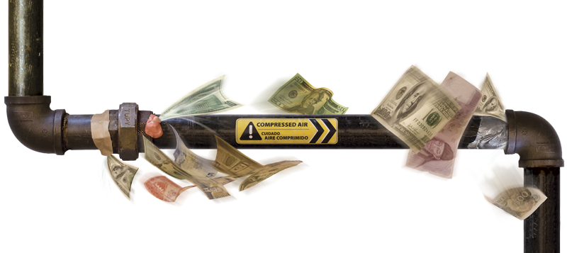 Trasigt rör läcker u.s. dollarsedlar med en "tryckluft" varningsetikett, som illustrerar begreppet ekonomiskt slöseri.