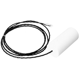 En Kobold NST med en vit cylindrisk flottör och bifogad svart elkabel, isolerad på en spräcklig bakgrund.