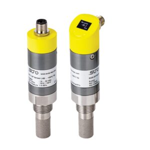 Två SUTO S215 industriella trycksensorer med gula och silverfärgade metallkroppar, var och en visar tekniska specifikationer på etiketter.