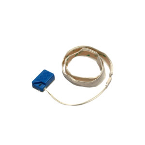 En blå temperaturgivare med en vit kabel lindad bredvid.