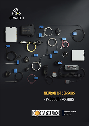 Ett sortiment av neuron-iot-sensorer och komponenter snyggt uppsatta med etiketter, med i en produktbroschyr för el-watch och kompauto-instrument.